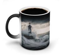 Taza de café de cerámica sensible al calor del faro en la tormenta, novedosa, para té, café con leche, capuchino, leche y cacao.