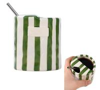Taza de café de cerámica, taza de café expreso vintage pintada a mano de 10 oz con orificio for sorber, taza de viaje novedosa for té de café, lindo regalo for mamá, mujeres y amigas(Green stripes)