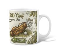 Taza de café de cerámica vintage con cita deportiva de golf, 325 ml | Bolsa de golf vintage gráfica, taza de café, afición deportiva al aire libre, tema atlético, tonos verdes y marrones