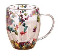 Taza de café de doble pared de cristal, con asa, 350 ml, antiquemaduras, creativa, para bebidas calientes, té o café (flor eterna)