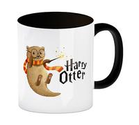 Taza de café de Harry Otter con varita mágica, en negro, una taza de colores para fans de magia, diseño de nutria de pescado, bonita taza de café para niños, magia, fantasía, magia, animales