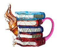 Taza de café de libros tridimensionales | Taza de café de vidrio pintada con libros de biblioteca, duradera para bebidas calientes y frías, idea de regalo para lectores, autores, amantes de los libros