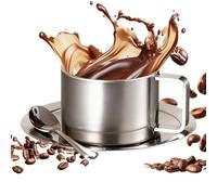 Taza de café de metal, juego de taza y platillo, taza de café de acero inoxidable, 200 ml, doble pared, a prueba de derrames con cuchara, tazas de café y platillos para jardín, parque, patio, balcón