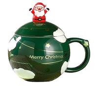 Taza de café de Navidad, Taza de café de cerámica de Navidad, Taza Novedad con tapa y cuchara, Taza de cerámica de Papá Noel, 400ml Tazas de té navideñas para Café Leche Regalos de Cumpleanos (Verde)