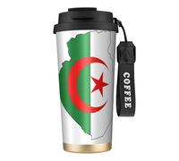Taza de café de viaje aislada con tapa con diseño de mapa de la bandera de Argelia, a prueba de fugas, para bebidas frías y calientes