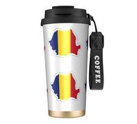 Taza de café de viaje aislada con tapa con diseño de mapa de la bandera de Rumania, a prueba de fugas, para bebidas frías y calientes