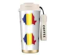 Taza de café de viaje aislada con tapa con diseño de mapa de la bandera de Rumania, a prueba de fugas, para bebidas frías y calientes