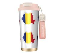 Taza de café de viaje aislada con tapa con diseño de mapa de la bandera de Rumania, a prueba de fugas, para bebidas frías y calientes