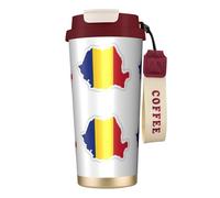 Taza de café de viaje aislada con tapa con diseño de mapa de la bandera de Rumania, a prueba de fugas, para bebidas frías y calientes