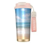 Taza de café de viaje aislada con tapa y diseño de vista hermosa del mar 3, a prueba de fugas, para bebidas frías y calientes