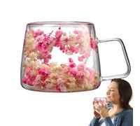 Taza de café de vidrio con flores, taza de café de vidrio con interior de flores - Tazа térmica de doble pared de 200 ml - Recipiente transparente con pétalos secos | Vasos creativos entre té, co