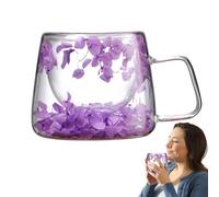 Taza de café de vidrio con flores, taza de café de vidrio con interior de flores - Tazа térmica de doble pared de 200 ml - Recipiente transparente con pétalos secos | Vasos creativos entre té, co