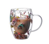 Taza de café de vidrio de doble pared con flores secas, taza de vidrio de borosilicato resistente al calor de 300 ml con asa, taza decorativa transparente transparente (un motín de color)