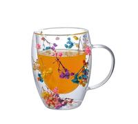 Taza de café de vidrio de doble pared con flores secas, taza de vidrio de borosilicato resistente al calor de 300 ml con asa, taza decorativa transparente transparente (cielo estrellado colorido)