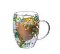 Taza de café de vidrio de doble pared con flores secas, taza de vidrio de borosilicato resistente al calor de 300 ml con asa, taza decorativa transparente transparente (cielo estrellado verde)