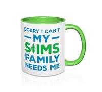 Taza de café divertida con texto en inglés "I Can't My Sims Family Needs Me The Sims