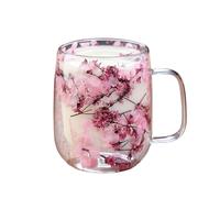 Taza de café floral, flores secas transparentes de doble pared con asa, tazas de café de vidrio transparente, para cumpleaños, patio, balcón, jardín, parque, hogar, escuela, picnic, fiesta, cerveza