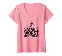 Taza de café Funny Christians: Satan's Peor Pesadilla Camiseta Cuello V, Mujer, Rosado, XL