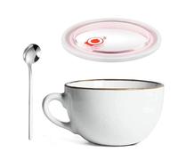 Taza de Café Grande, 700 ml Taza de Café de Cerámica, Reutilizable Bol Grande de Cereales con Asa, Ensaladera, Cuenco de Cerámica para Sopa Con Tapa y Cuchara, Apto para Yogur(Blanco)