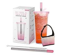 Taza de café helado de 700 ml con tapa, popote grueso, cepillo y manga. Vaso de viaje reutilizable para té de burbujas, Boba, batido, batido o cualquier bebida (rosa)