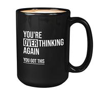 Taza de café humorística para adultos, 425.2 g, color negro, con texto en inglés "You're Overthinking Again - Bestie Motivation Introvert Emotional Support