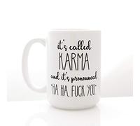 Taza de café humorística. Se llama Karma y es"Ha Ha, Fck You". Tazas sarcásticas, citas salvaje, regalos laicos