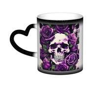 Taza de café mágica con diseño de calavera de rosas moradas que cambian de color, taza de té que cambia de color