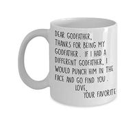 Taza de café para padrino con texto en inglés «Godfather» Funny Dear Godfather Punch in the Face from Your Favorite Godchild 11 o 15 onzas, taza de cacao caliente para hombre