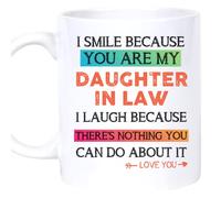Taza de café personalizada con texto en inglés "I Smile Because Youre My Daughter-in-law", regalo del día de la madre para nuera en cumpleaños, Navidad (11 onzas, blanco)
