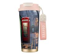 Taza de café personalizada única, vaso de acero inoxidable aislado para viajes, hogar y oficina, cabinas telefónicas rojas de 17 onzas en las calles de Londres, rosa