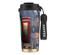 Taza de café personalizada única - Vaso de acero inoxidable aislado para viajes, hogar y oficina - Cabinas telefónicas rojas de 17 onzas en las calles de Londres, negro