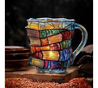 Taza de café pintada en 3D, taza de café única con asa y forro de acero inoxidable para amantes de los libros, lectores y profesores, diseño colorido apilado