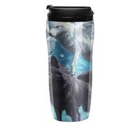 Taza de café reutilizable con diseño de lobo con alas bajo la luna, botella de agua con tapa, 350 ml