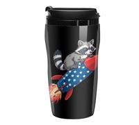 Taza de café reutilizable con diseño de mapache en cohete con la bandera de Estados Unidos, botella de agua con tapa, 350 ml