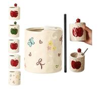 Taza de café, tazas de café de cerámica de 334.5 g, taza de café de cerámica con agujero para sorber, tazas de café de cerámica 3D, uso para cocina, comedor, rojo (blanco)