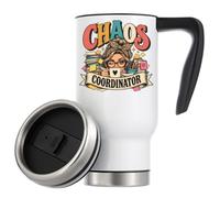 Taza de café térmica de viaje con aislamiento al vacío Woman Surrounded by Office Supplies de 480 ml, color blanco