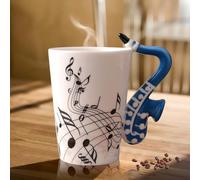 Taza de café y té cerámica con asa de saxofón, nota musical impresa, regalo para amantes de la música, 250 ml, azul