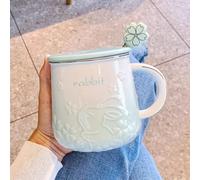 Taza de Cerámica 3D con Forma de Conejo, Tapa y Cuchara. Vaso Térmico de 414 Ml (14 Onzas), Ideal Para Té o Leche. Para Amantes de Los Conejos. Cabe en el Portavasos(Green)