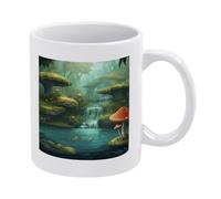 Taza de cerámica blanca con base gruesa, ideal para el hogar y la oficina, 9,5 x 8,1 cm, con vista a un río con estanque, peces y setas en la jungla.