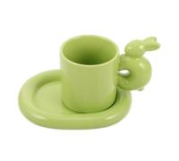 Taza de Cerámica con Conejito, Verde, Estilo Kawaii para café | Plato a Juego, Diseño de Pascua, Regalo Preparado, para Oficina, Agua o Jugo