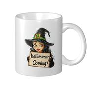 Taza de cerámica con texto en inglés "Witch Holding Sign" Halloween is Coming, elegante taza de café para beber y beber para el hogar, oficina, 325 ml