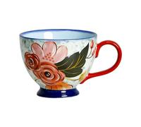 Taza de cerámica creativa americana pintada a mano de 450 ml/450 ml, apta para microondas, taza de cereales de leche para desayuno, azul claro, cien flores