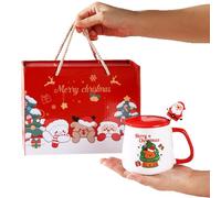 Taza de Cerámica Navideña con Tapa y Cuchara Linda Taza de café Festiva de Cerámica con Caja de Invierno Navidad Vacaciones Cumpleaños Vasos de Mesa Taza de té Regalos para (B)