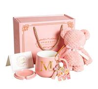 Taza de cerámica personalizada con letra M y juego de regalo de oso, tazas de café de 380 ml, taza rosa con tapa, cuchara, llavero M, tarjeta, regalo para mujeres, niñas, novia