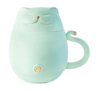 Taza de Cerámica Tapa y Filtro, 350ml, Diseño gato | Color Verde Claro, Superficie Lisa, Agarre Cómodo, para Café, Té Suelto, Bebidas Frías y Uso Diario