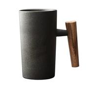 Taza de cerámica, taza de café con mango de madera, 220 ml, ergonómica, exquisita, de gres, tazas vintage, de cerámica para oficina en casa, para té, bebidas, agua, negro