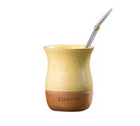 Taza de cerámica Yerba Mate de 8 onzas con base de madera original, incluye calabaza mate, pajita de bombilla y cepillo de limpieza, perfecta para yerba mate tradicional y taza de estilo moderno