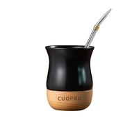 Taza de cerámica Yerba Mate de 8 onzas con base de madera original, incluye calabaza mate, pajita de bombilla y cepillo de limpieza, perfecta para yerba mate tradicional y taza de estilo moderno