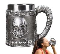 Taza de cerveza con calavera - 16,5x14,3x9,5 cm Taza de café gótica | Jarra vikinga de resina de acero inoxidable con asa, novela reutilizable, para hombres y mujeres, de acampada de Halloween