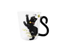 Taza de cristal Meow con asa de cola, 300 ml, resistente al calor, para café, té, leche, varios diseños de gatos (mariposa gato negro, diseño "Let's play together!", gato negro alcanzando mariposa)